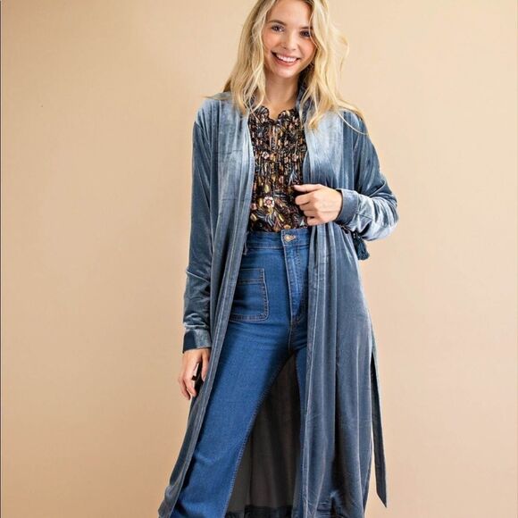 Dark Teal Velvet Boho Lace Up Tassel Sleeve Belted Open Cardigan Jacket - Picture 3 of 16